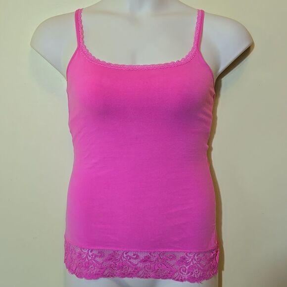 Express Y2K Lace Trim Tank Top Size Medium Pink Shelf Bra Barbie Coquette Girlie - Picture 8 of 16